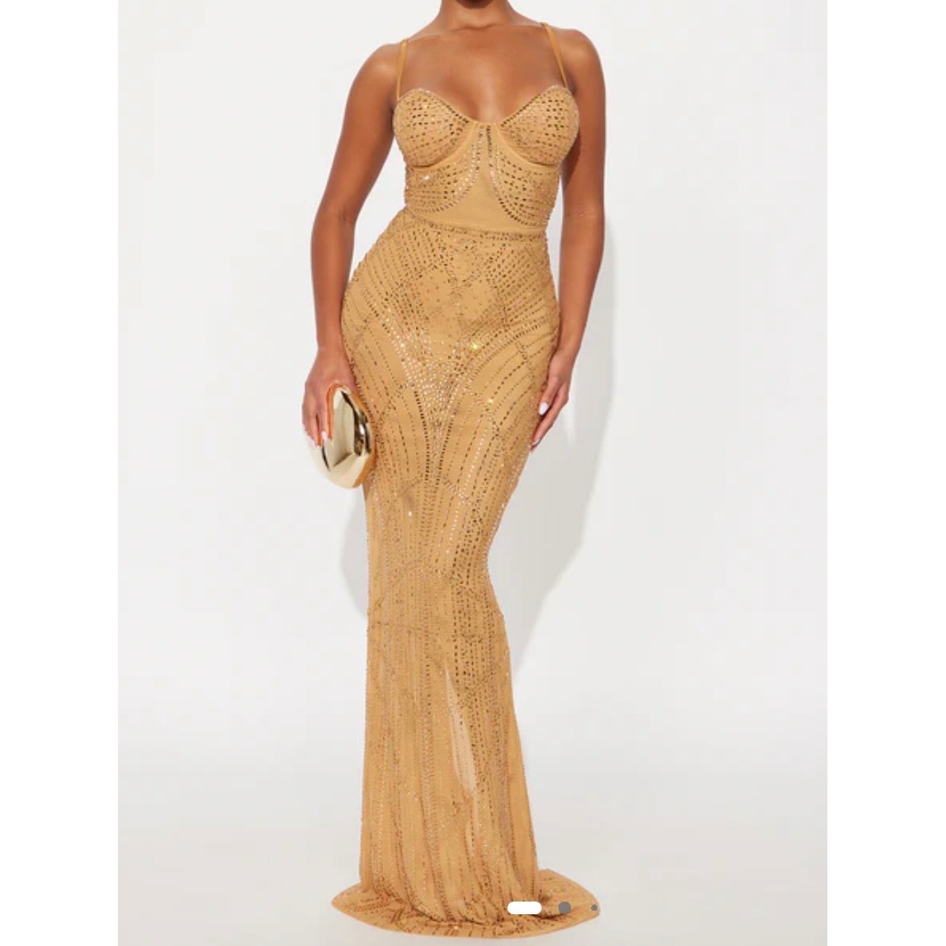 Fashion Nova Gold Rhinestone Mesh Corset Maxi Dress With Shorts Medium